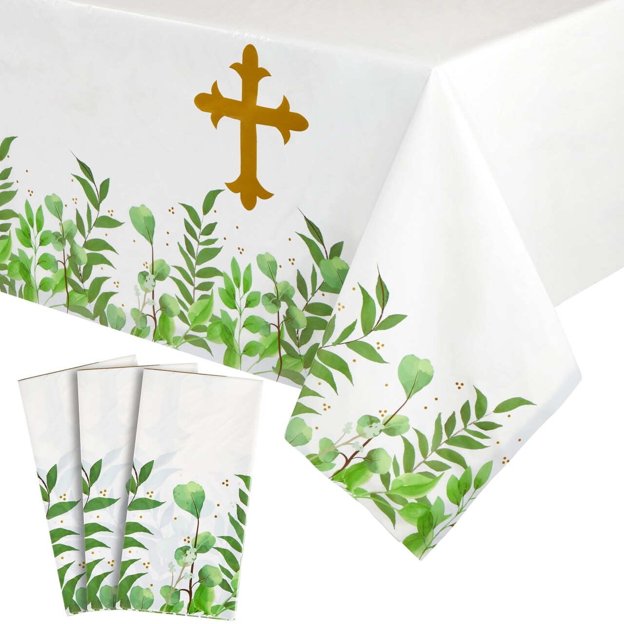 3-Pack Religious Table Covers for Easter Party, Baptism, First Communion, Catholic Gold Cross Plastic Tablecloth - 54x108 inch - Party Accessory for Themed Events and Special Occasions